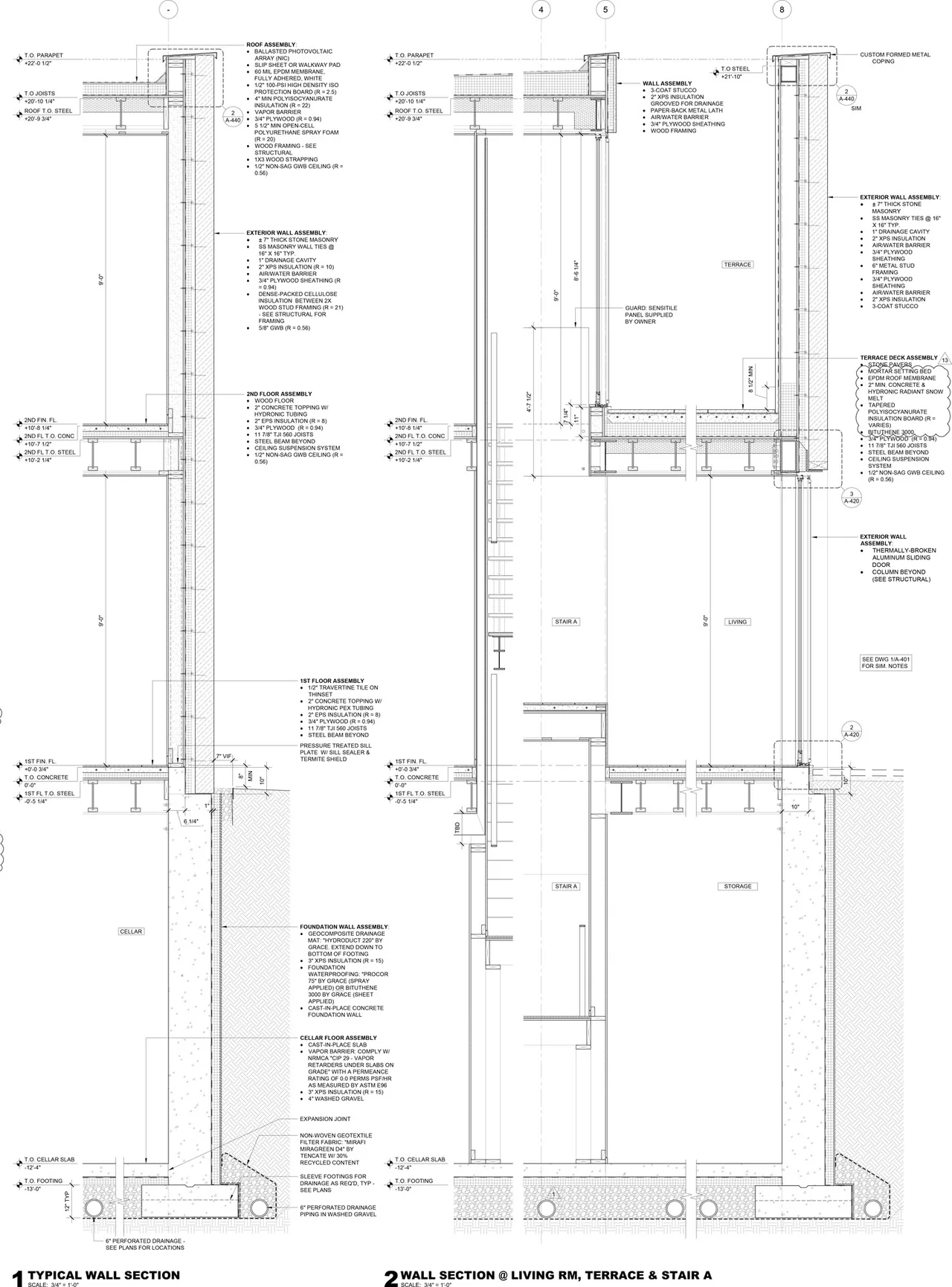 Wall section drawing for House 432 by Robert Siegel Architects illustrating exterior wall, roof, floor, and foundation assemblies.