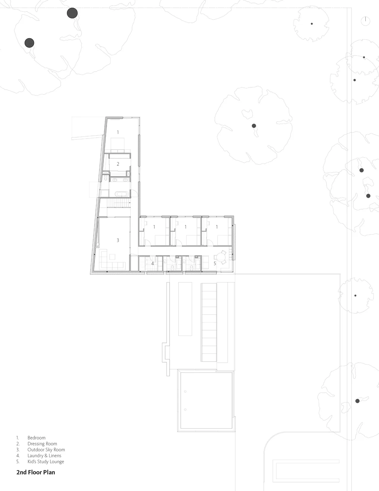 Second floor architectural plan of House 432 by Robert Siegel Architects with labeled bedrooms, dressing room, and study lounge.