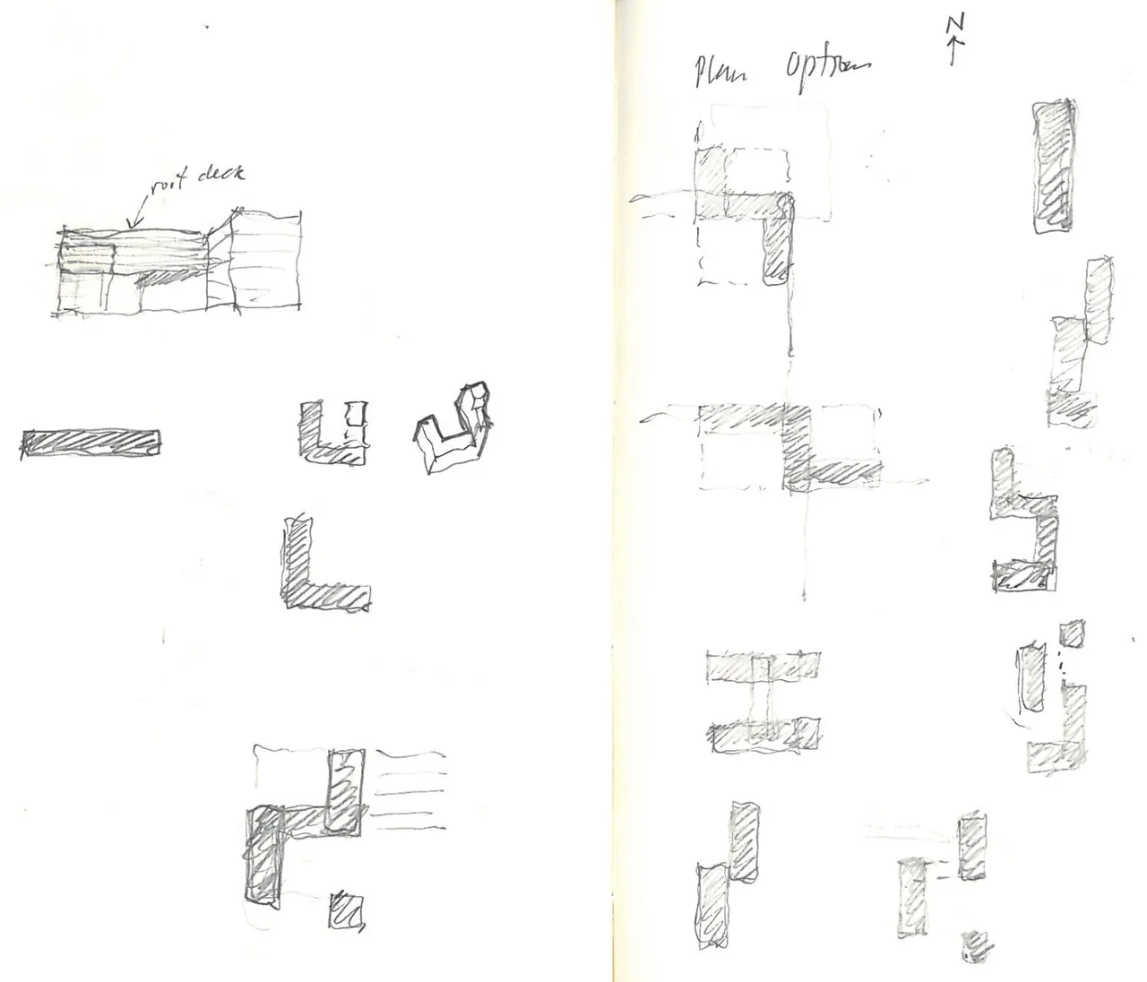 Hand-drawn architectural sketches depict different plan options and a roof deck concept for House 432.