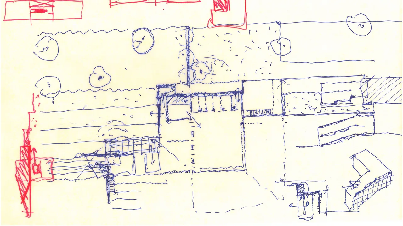Sketch of an architectural plan showing layout and spatial arrangement in blue and red ink.