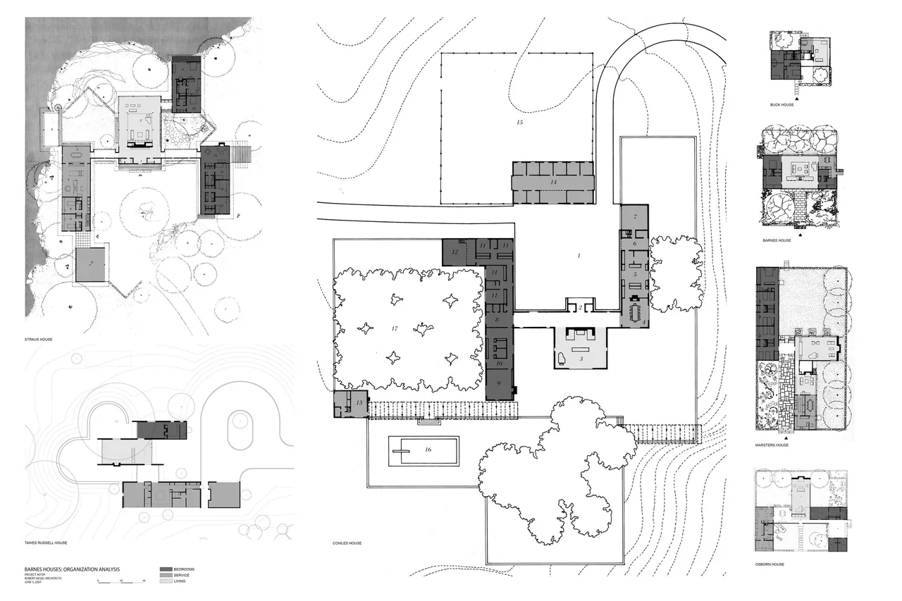 Site and floor plans detail bedroom, service, and living zones in multiple houses by Robert Siegel Architects.