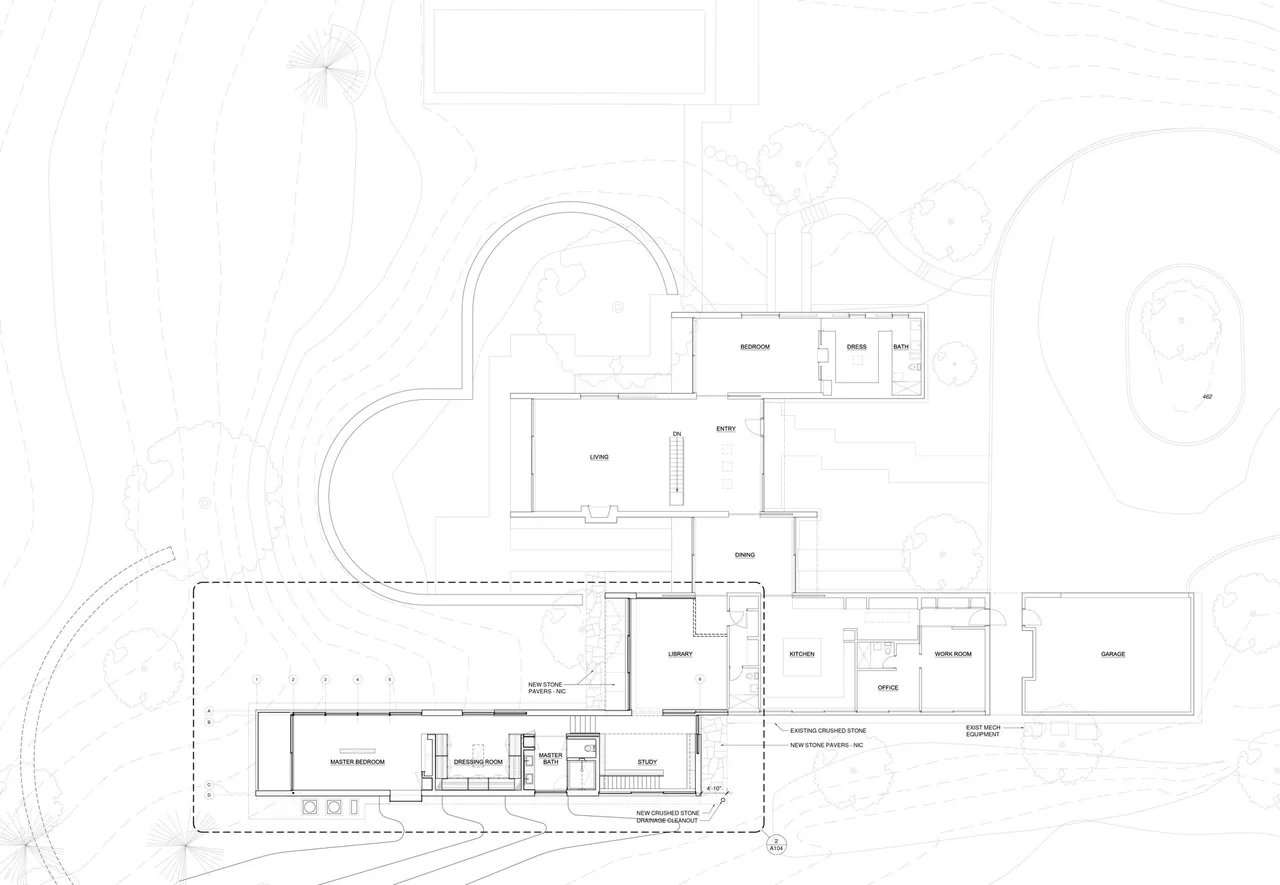 Floor plan for House 125 showing room divisions, landscaping, and structural layout in a detailed drawing.