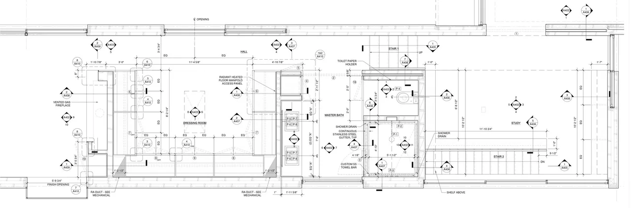 Architectural floor plan illustrating master bath, dressing room, and study areas with stairs.