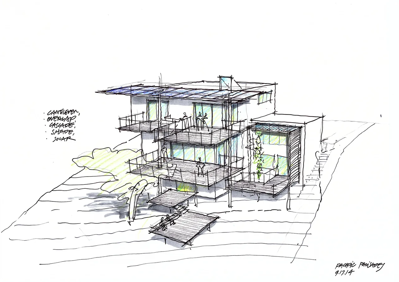 Concept sketch of Palisades House showing cantilevered balconies and extensive glazing for solar shading.
