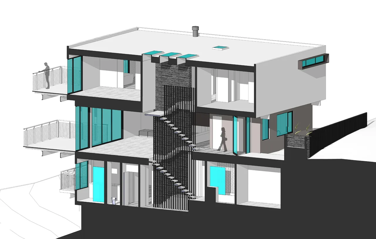 Section perspective of Palisades House by Rob Paulus Architects showing the layout featuring balconies and a central staircase.