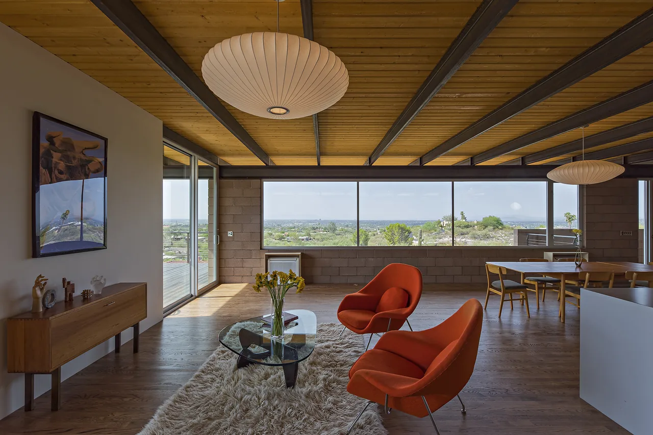 DWC House interior features expansive windows, exposed wood ceiling planks, and an open layout connecting living and dining spaces.