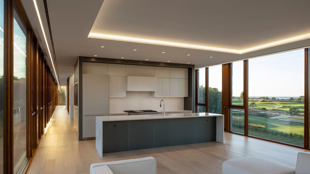 The Fairway House kitchen features floor-to-ceiling windows and a streamlined island with integrated sink and cooktop.