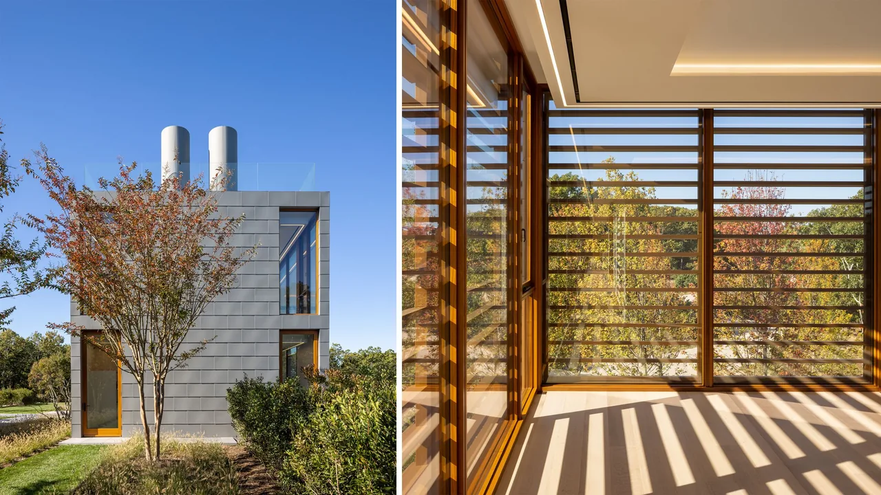 The Fairway House features metal panel cladding and horizontal wooden louvers for sun control and aesthetic detail.