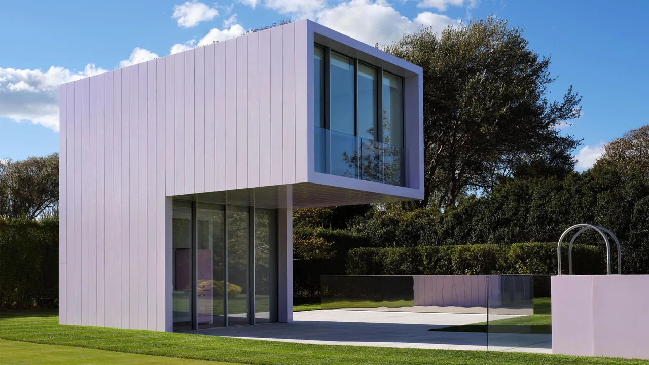 The Pink House features a cantilevered second floor with floor-to-ceiling glazing on both levels, set against a manicured lawn and trees.