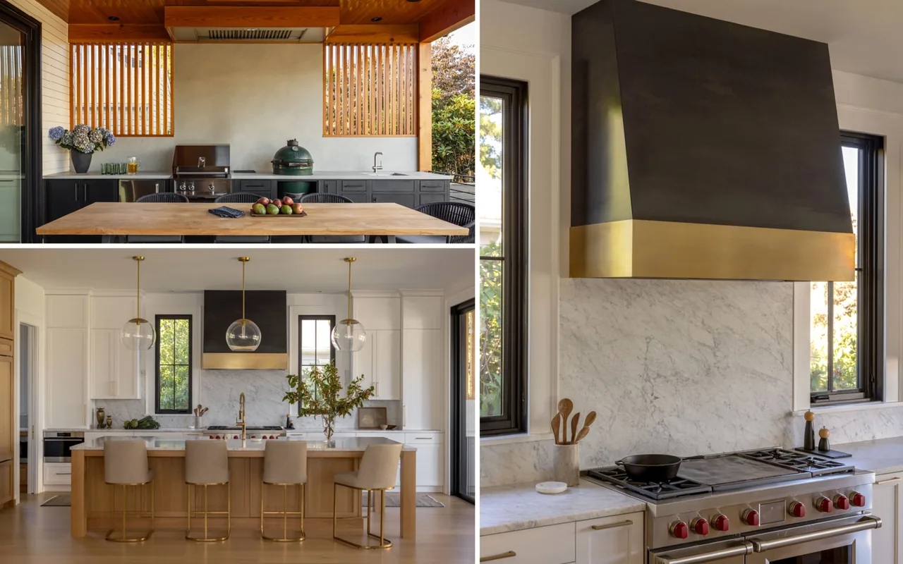 Interior kitchen featuring white cabinetry, marble countertops, brass-trimmed black range hood, and seating at the island in a Queen Anne Transitional design.