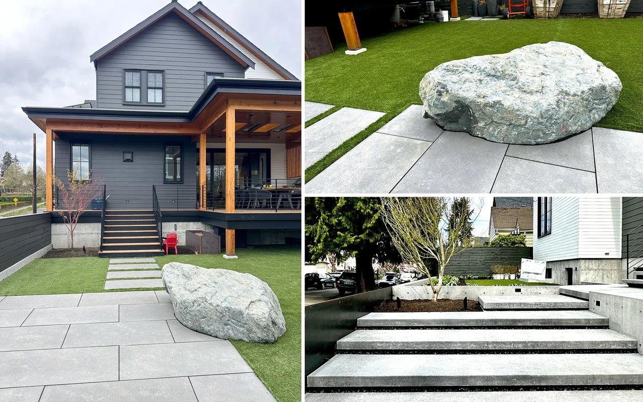 Queen Anne Transitional project showcasing mixed siding colors, concrete stairs with black metal railing, and a covered porch in Seattle.
