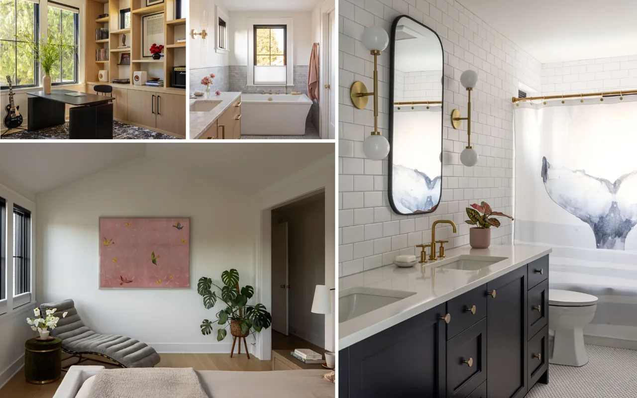 Interiors of a home showing a wood-lined office, a bathroom with brass fixtures and double vanity, and a bedroom corner with chaise and artwork.
