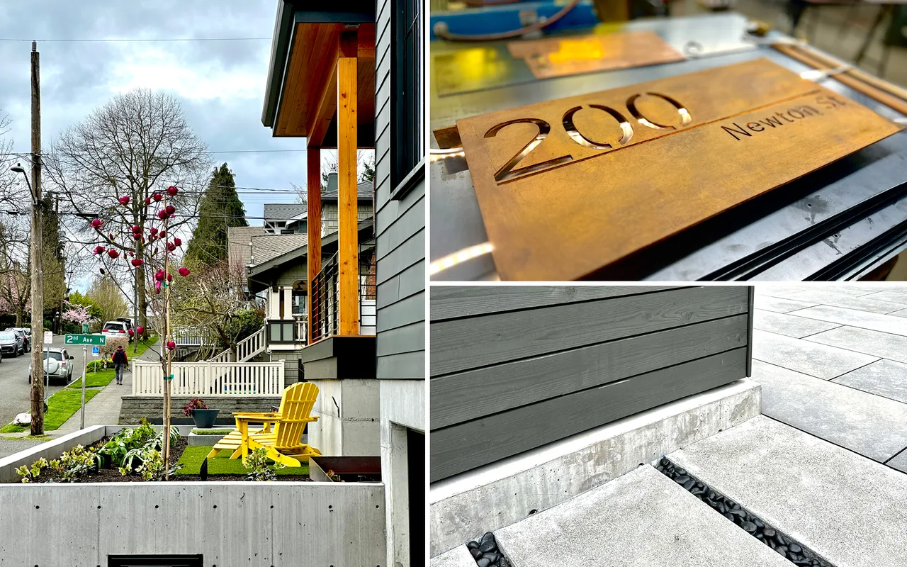 Modern house exterior with gray siding, concrete planter bed, yellow chairs, and close-up of a address plaque reading 200 Newton St.