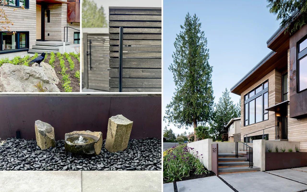 Exterior view of the Bellevue Split-Level home showing concrete steps, black metal handrail, and raised planting beds.