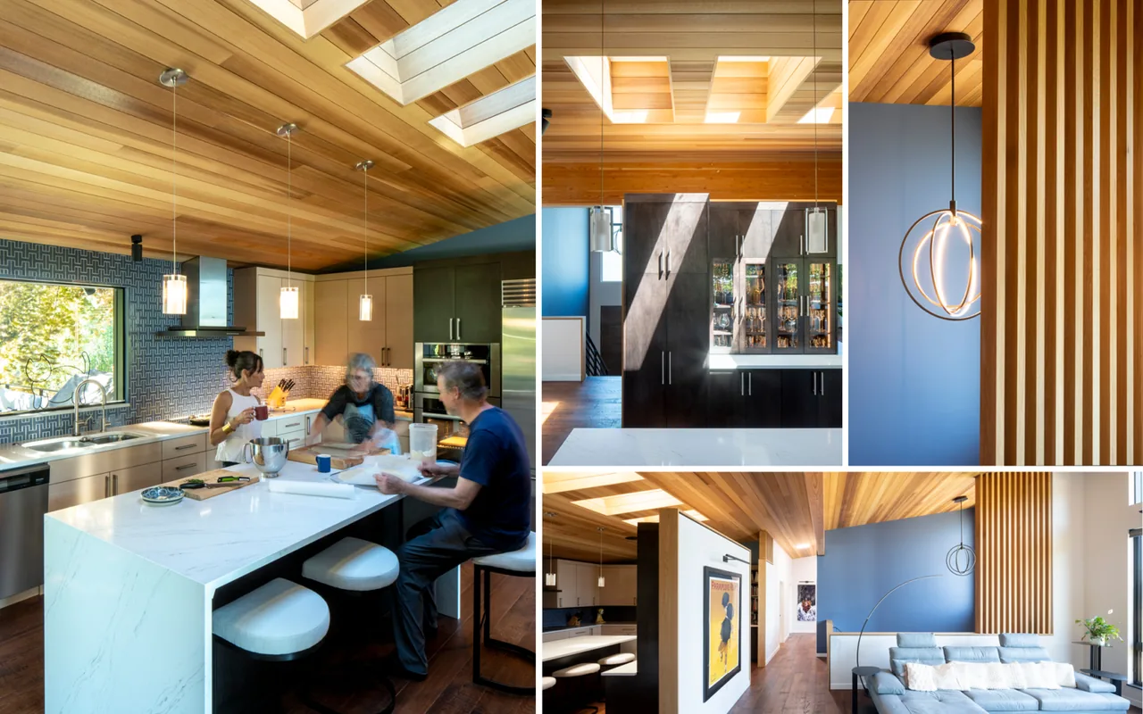 Interior shots of the Bellevue Split-Level kitchen and living area featuring wood ceilings and pendant lighting.