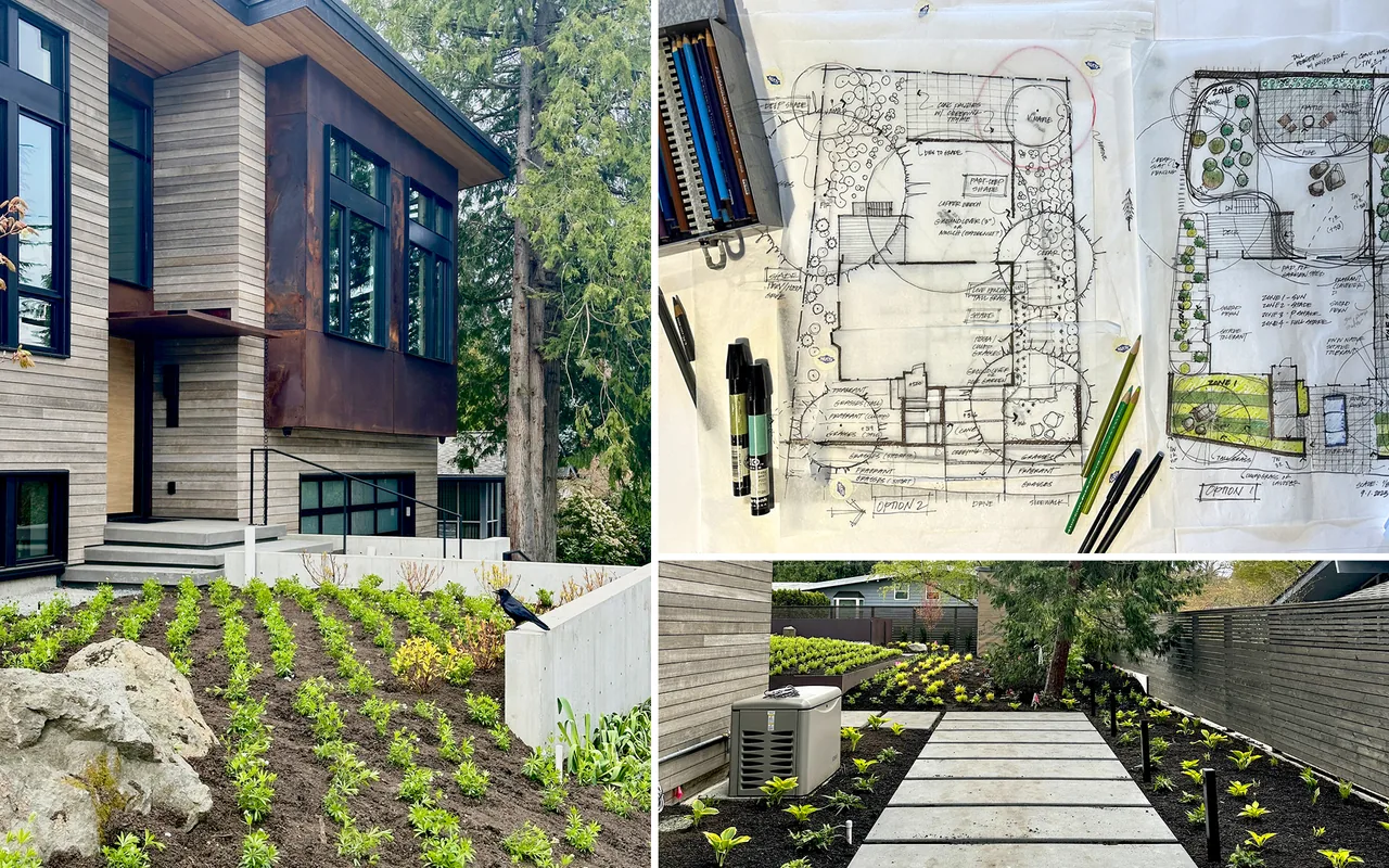 Images showing exterior front of a split-level house with metal and wood siding, raised planting beds, and landscape design plans.