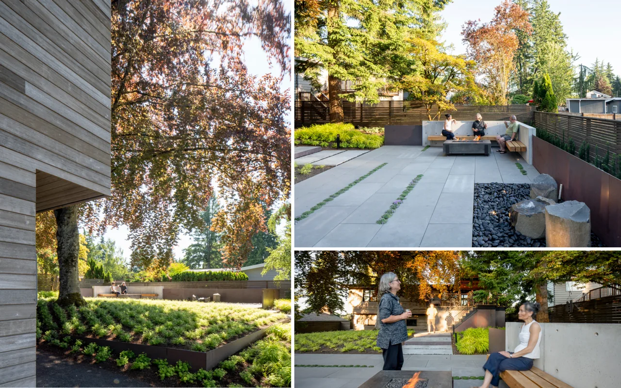 Bellevue Split-Level project features a modern outdoor living space with metal railings, concrete steps, and raised planting beds.