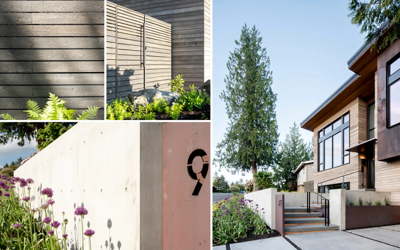 Bellevue Split-Level by Ryan Rhodes Designs features wood siding and concrete walls with landscaped purple flowers and greenery.