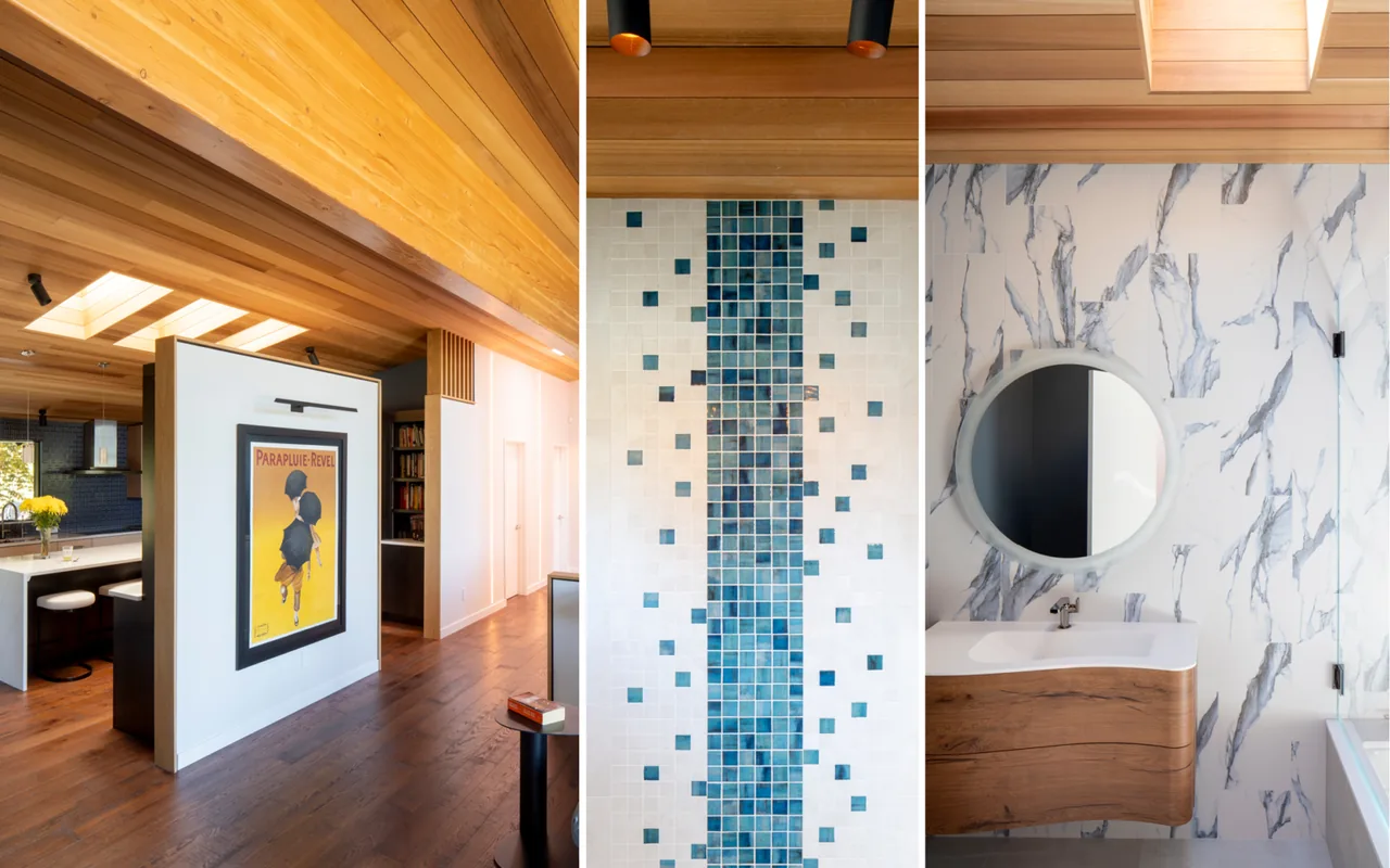 Bellevue Split-Level interior features wood ceilings, blue tiled shower accent, and a wood vanity against marble patterned walls.