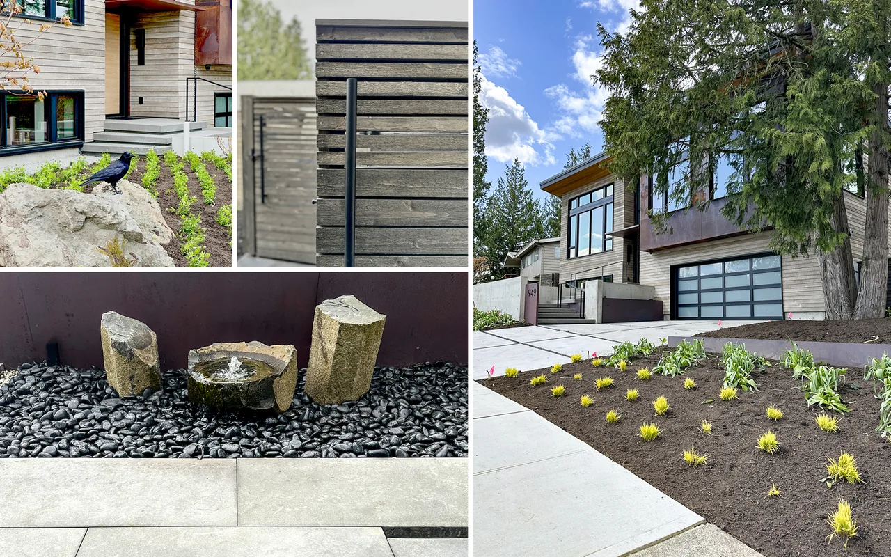 The Bellevue Split-Level features wood siding, concrete driveway, and curated landscaping with raised planting beds and metal rain chain accents.