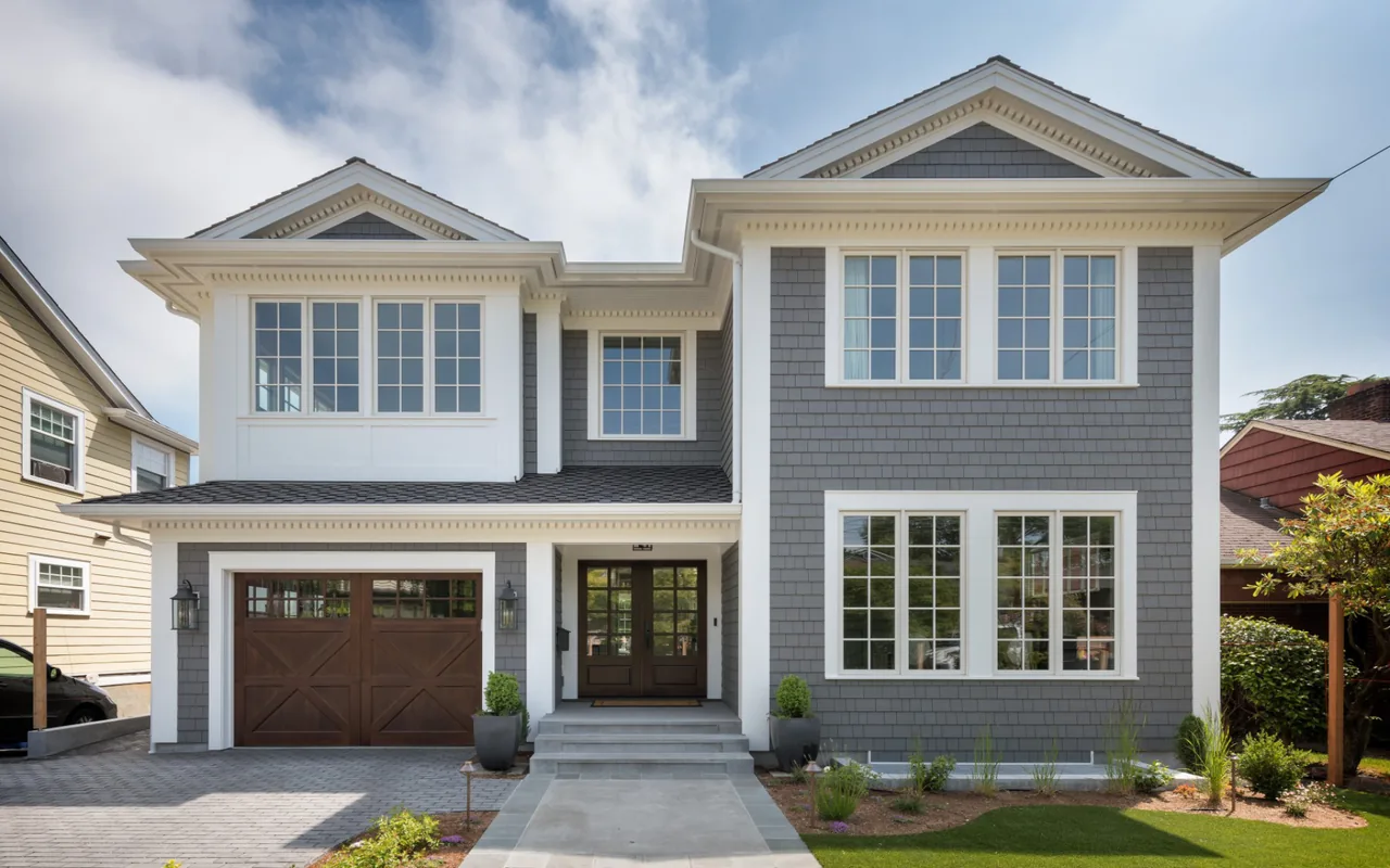 Queen Anne Residence features gray shingle siding, white trim, and a two-car garage with brown doors under gable roofs.