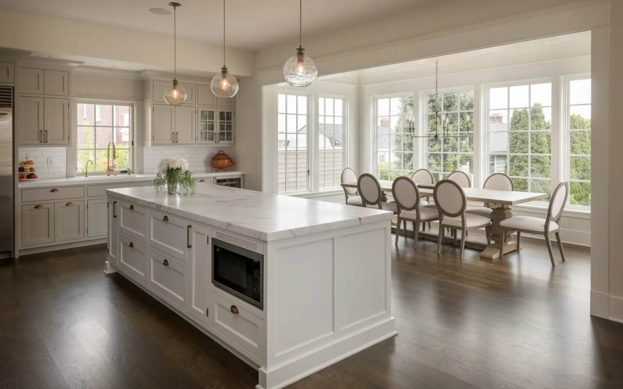 Kitchen and dining room featuring a large marble island, white cabinetry, and tall windows with colonial grids providing natural light.