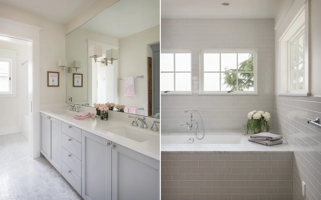 Bright bathroom with dual sinks, subway tile tub surround, and multiple windows.