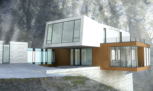Wei Residence by Skylab Architecture features a modern design with large window walls and mixed materials in a woodland setting.