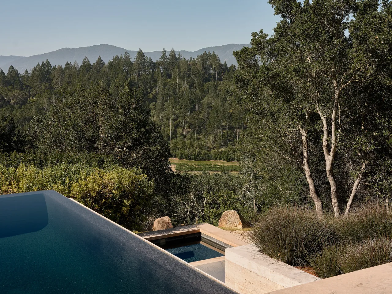 Infinity pool with stone edging overlooks hillside forest and valley views at the St Helena project.