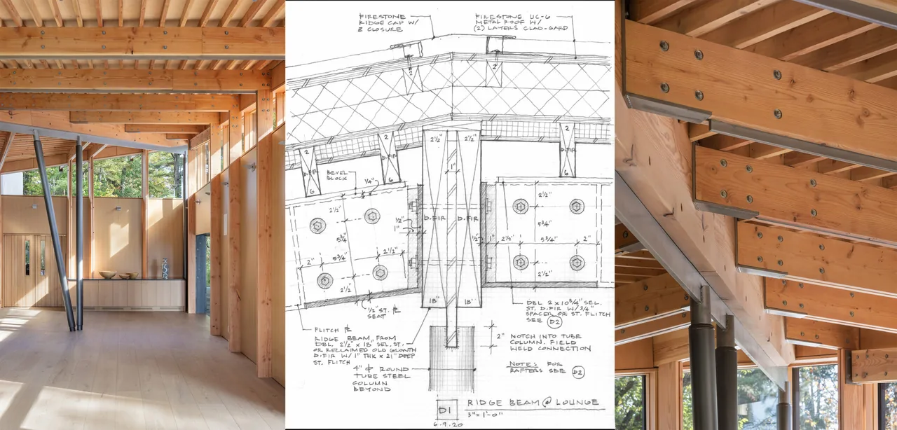 Interior view showcasing exposed beams and a wood-paneled ceiling with large windows in The Nest project.