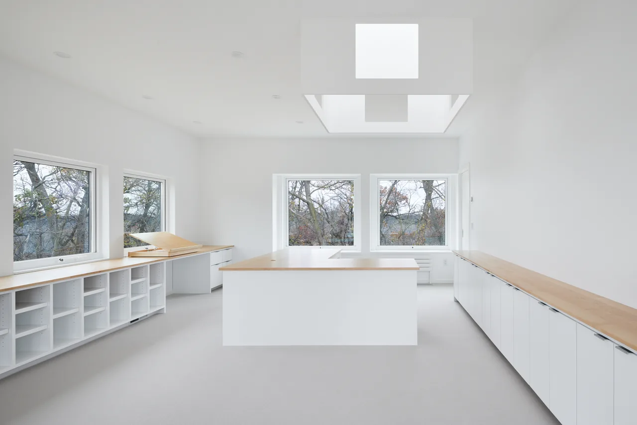 Bright minimalist kitchen with light wood countertops and a large central island under a skylight.
