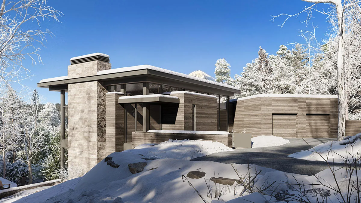 Exterior of a modern house with flat roof and concrete chimney set in a snowy woodland landscape.