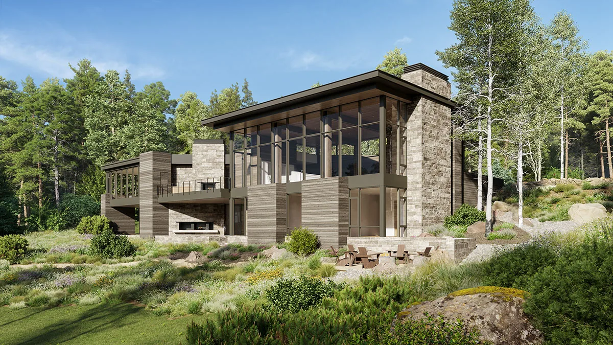 Modern residence with floor-to-ceiling glazing, stone chimney, and wood siding, situated in a natural wooded landscape.