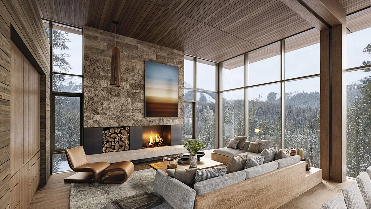 Living room features large glass windows framing a snow-covered mountain landscape, stone fireplace, and wood paneling.
