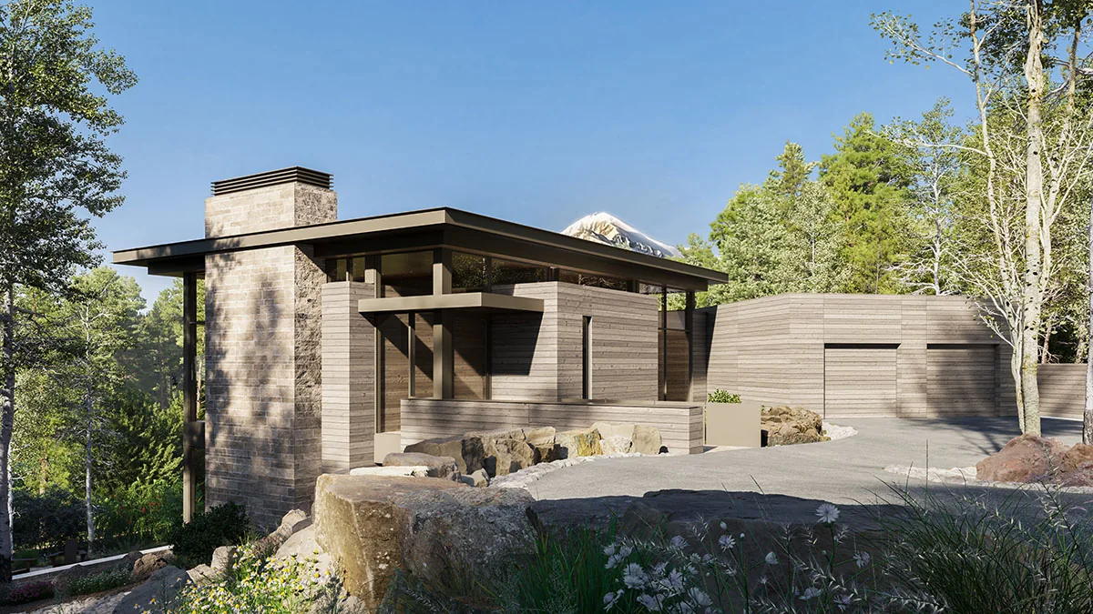 Moonlight Basin home by Silk Cavassa Marchetti features wood siding and stone chimney with a flat roof in a woodland setting.
