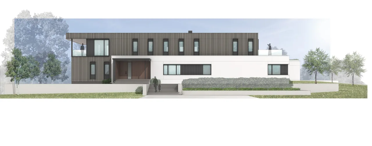 Calloway Ridge House front elevation shows two floors with dark vertical siding above and white walls below with a central stair entry.