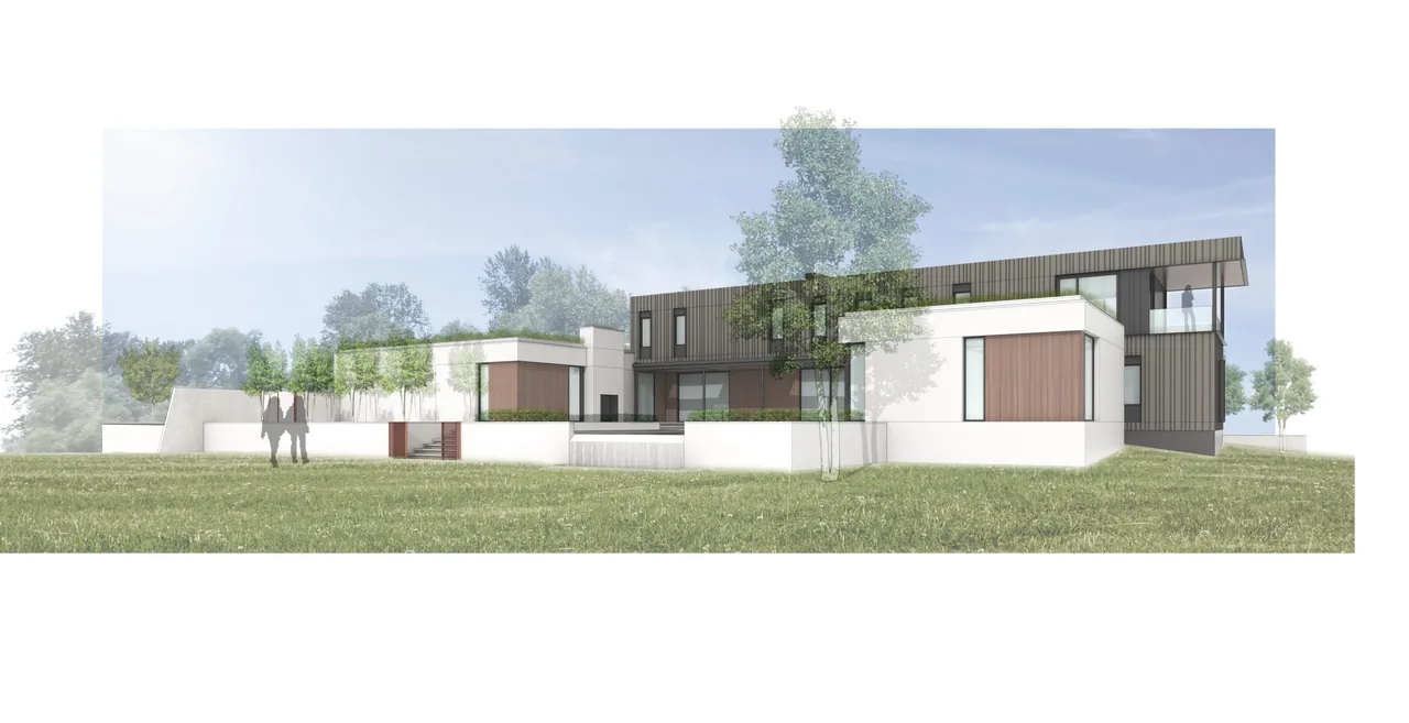 Rendering of Calloway Ridge House showcasing its modern two-story design with flat roofs and contrasting materials.