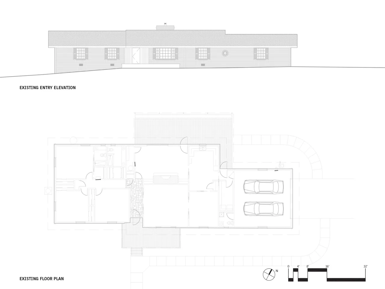 Existing entry elevation and floor plan of Calloway Ridge House by Sanders Pace Architecture.