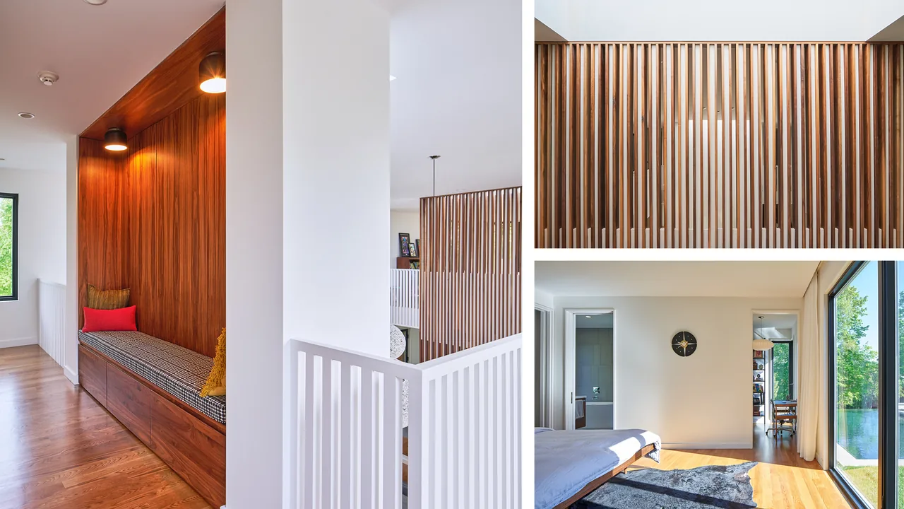 The Calloway Ridge House features a wooden built-in window seat and slatted wood railing around the stairwell between the hallway and bedroom.