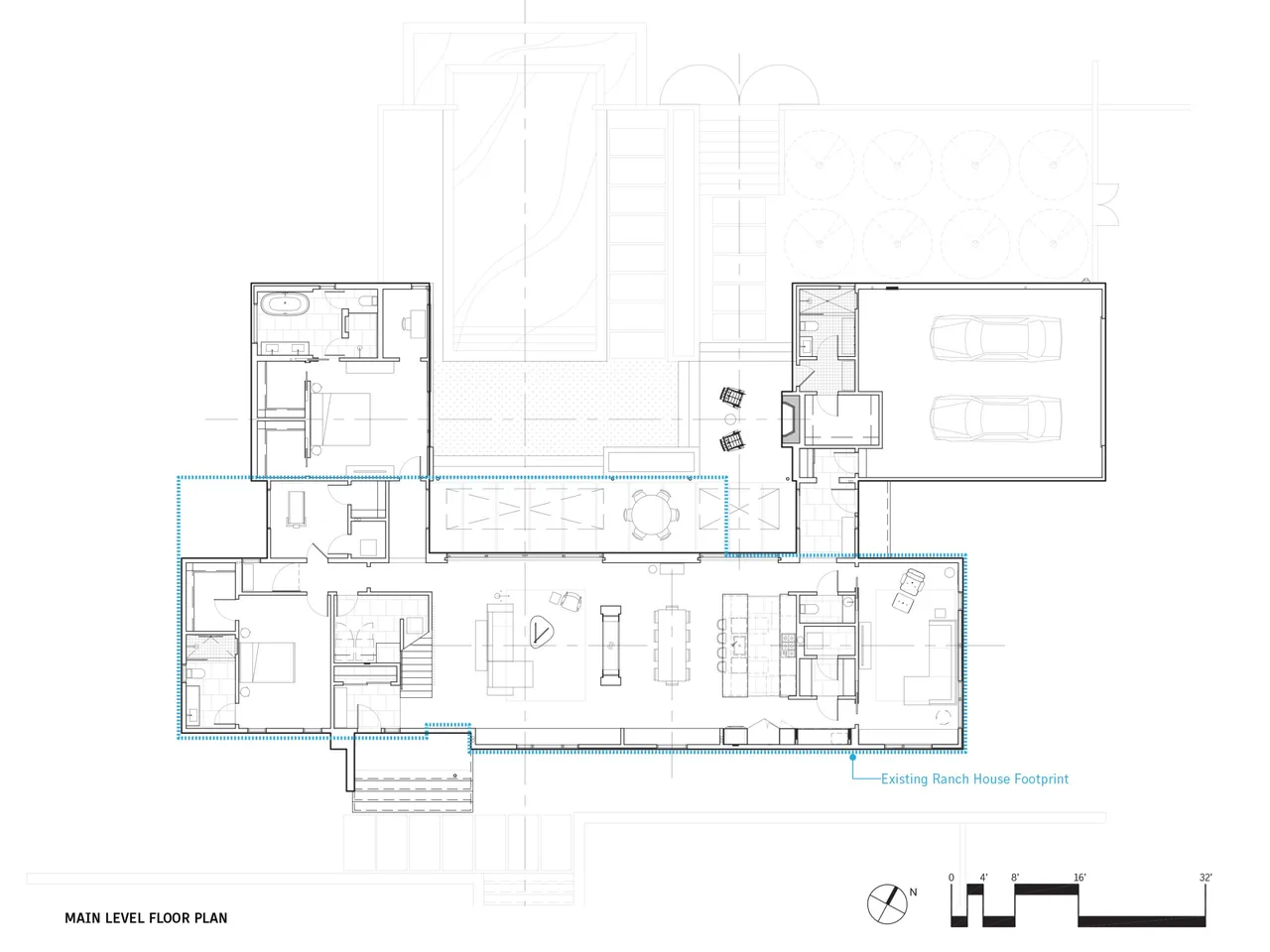 Main level floor plan of the Calloway Ridge House with living, dining, kitchen, bedrooms, bathrooms, and two-car garage.