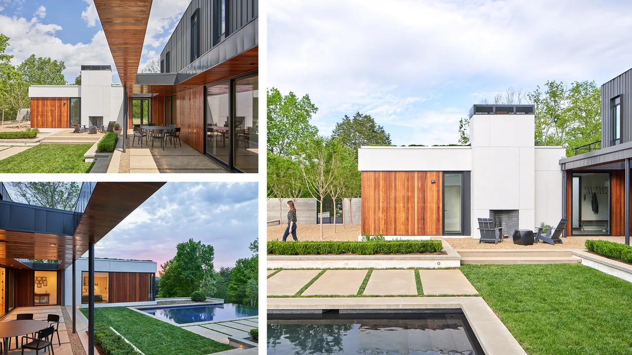 Calloway Ridge House features a two-story layout with vertical wood siding, white painted surfaces, and an exterior courtyard pool.