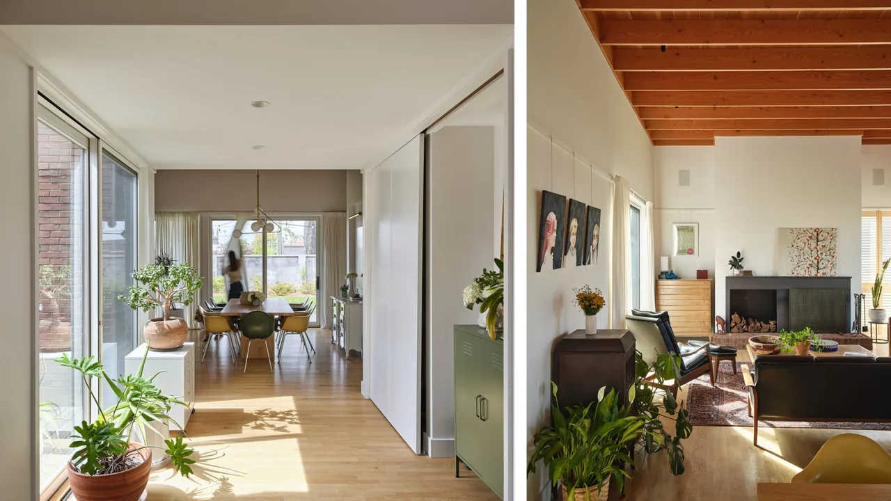 Interior view of Morgan Street House showing living and dining areas with wood flooring and ceiling beams by Sanders Pace Architecture.