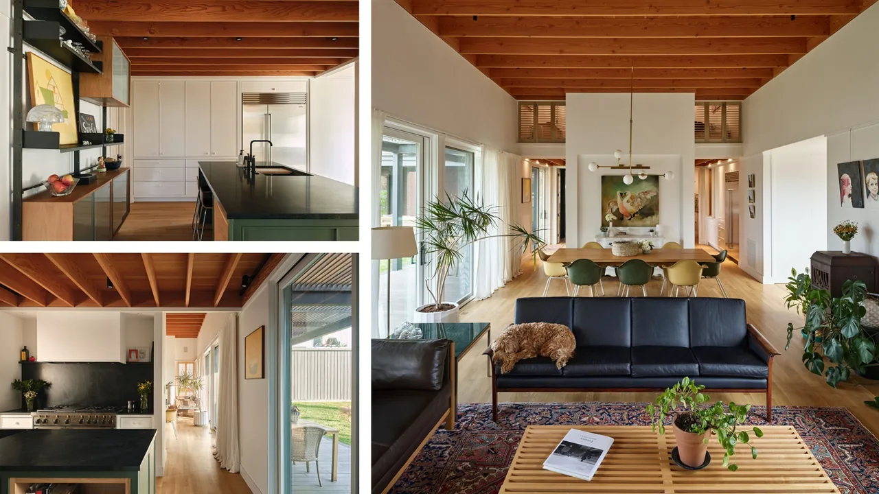 Morgan Street House features an open living-dining space with exposed wood beams, a modern chandelier, and a black leather sofa overlooking a wooden slat coffee table.