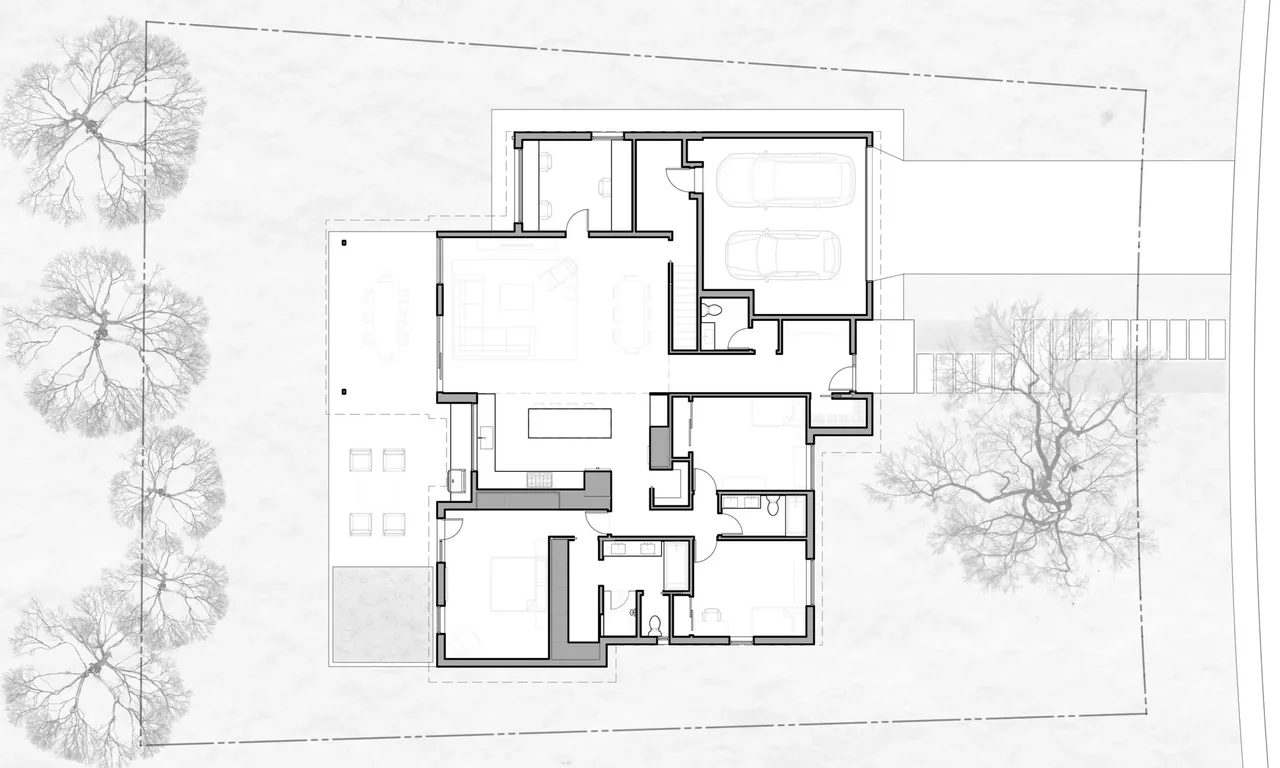 Floor plan of the Krameria Residence showing interior layout, garage, and outdoor seating on site.