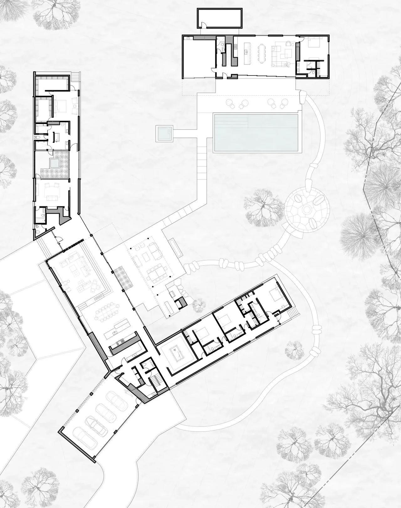 Floor plan drawing of the Hunter Residence showing building layout, pool, and outdoor areas.