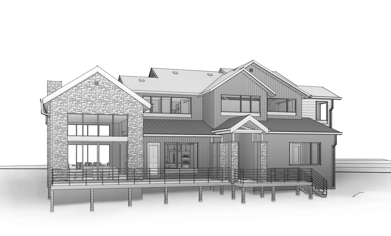 Rendering shows the rear exterior of a two-story house featuring multi gable roofs and stone siding on the fireplace wall.