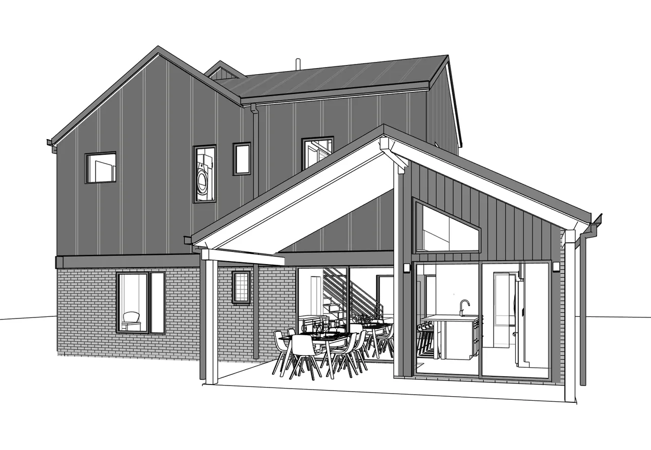 Modern two-story house features mixed brick and vertical siding with a covered patio and large windows revealing an open floor plan.