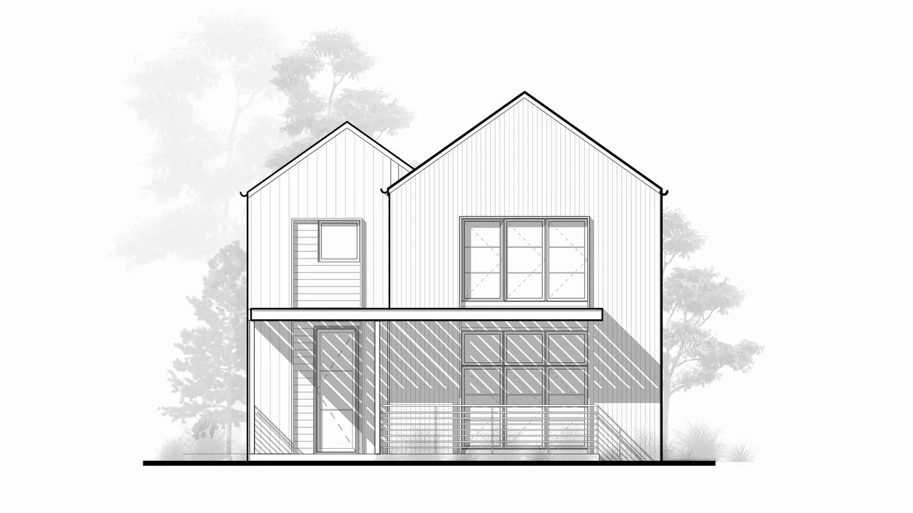 Elevation drawing of the rear exterior of LOUISVILLE NET-ZERO RESIDENCE designed by BARI Architecture.