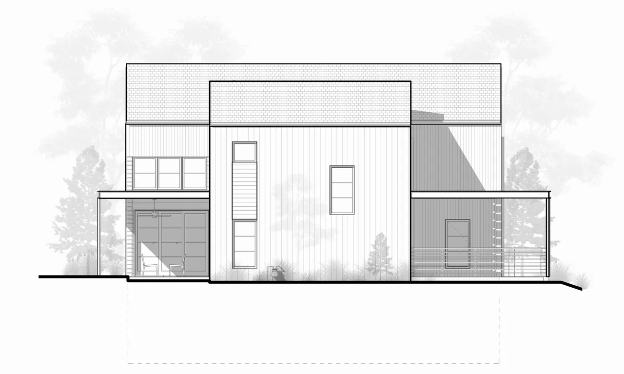 Elevation view of the Louisville Net-Zero Residence showing vertical wood siding and covered patios.