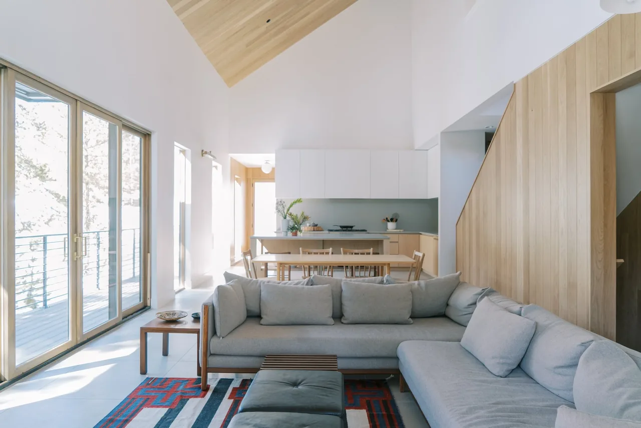 Winter Park Residence interior features a vaulted ceiling with wood paneling and large glass doors opening to a deck.